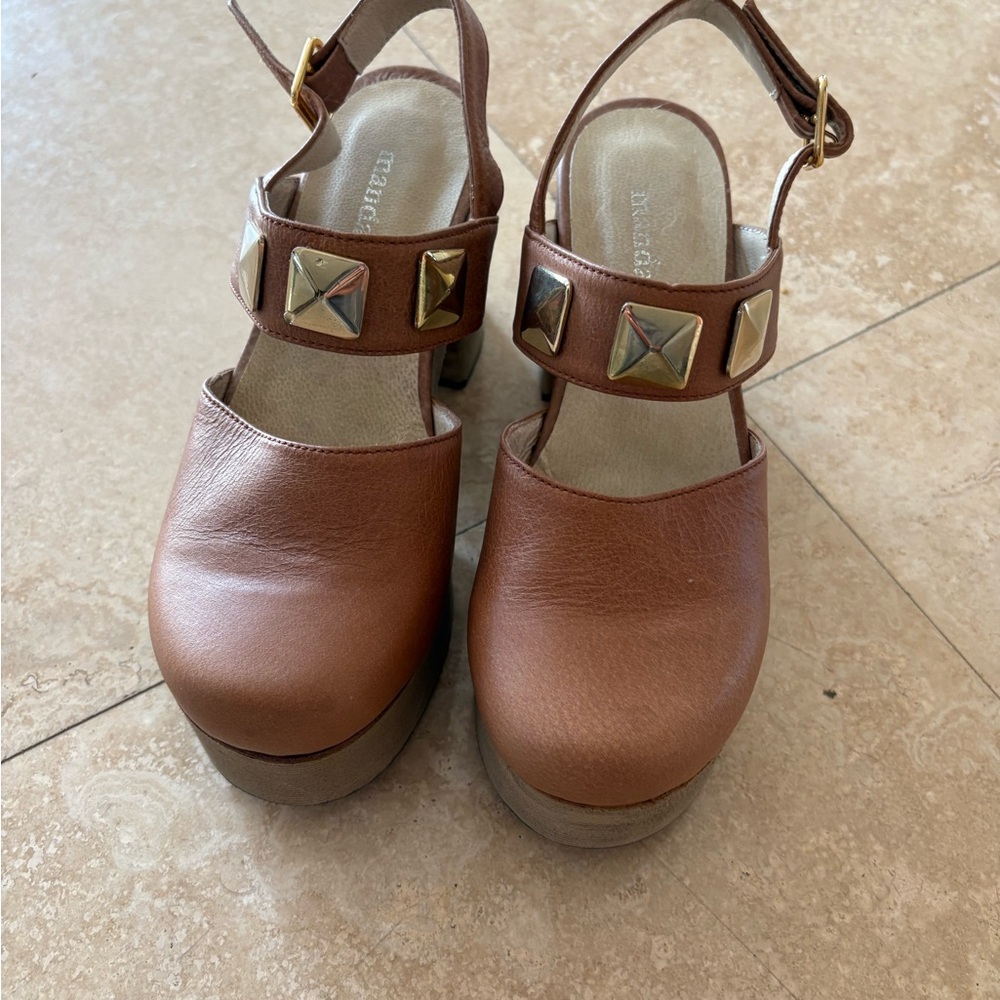 Brown Studded Platform Slingback Heels